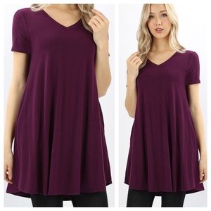Plum short sleeve flared Tunic with pockets